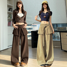 批发复古假两件阔腿裤女2026春季新款高腰显瘦拼接屁帘阔腿休闲裤