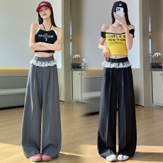 批发灰色西装阔腿裤女宽松直筒春<b class='q'>夏</b>设计感蕾丝花边拼接高腰裤垂感阔腿