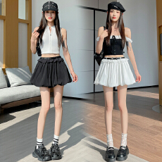 批发配腰带梨花白色设计感遮肉a字短裙小个子显瘦褶皱花苞半身裙子女