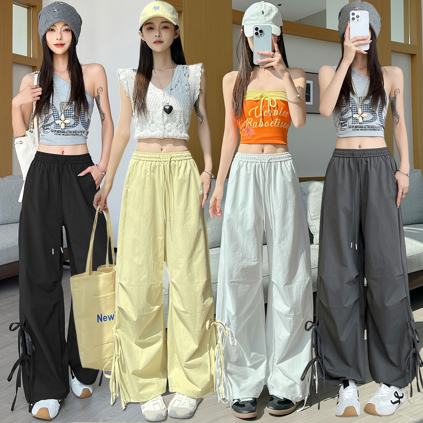 캐주얼 바지 여성 2026 여름 새로운 아메리칸 레트로 스트랩 홀로우 아웃 하이웨이스트 스트레이트 워크웨어 팬츠