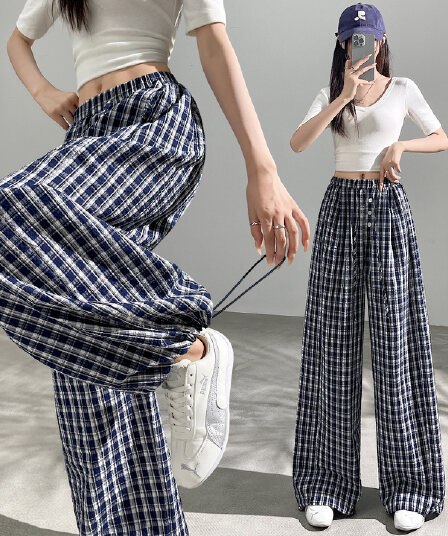 한 부서 체크무늬 얇은 스타일 스트레이트 와이드 레깅스 바지 2026 여름 새로운 하이웨이스트 루즈핏 슬림해 보이는 다용도 캐주얼 긴 바지