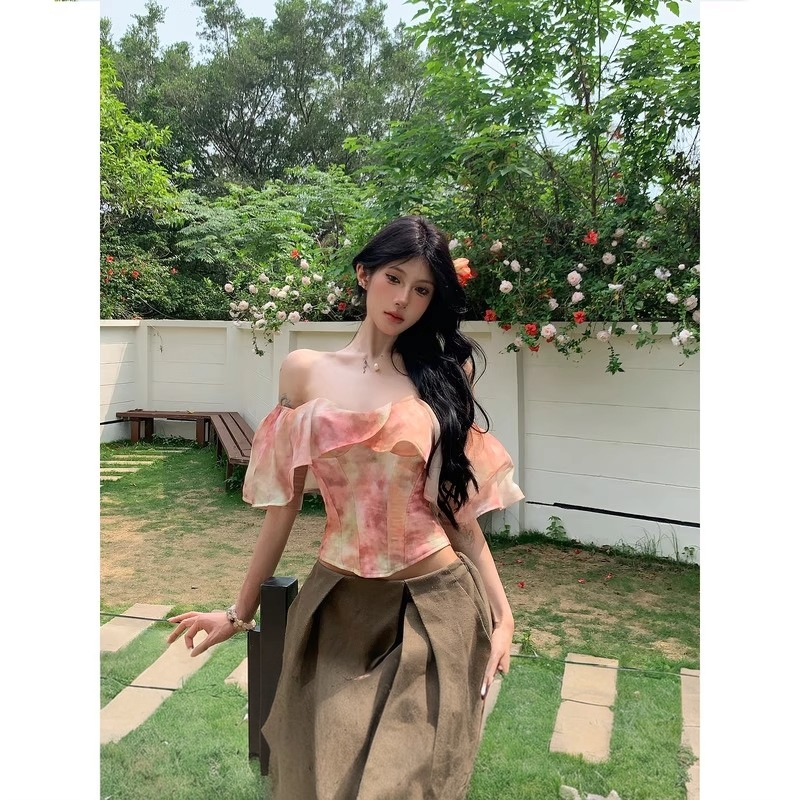 여름 헤일로 염색 부드러운 바람 쉬폰 어깨 한 개 물고기 뼈 코르셋 맨위