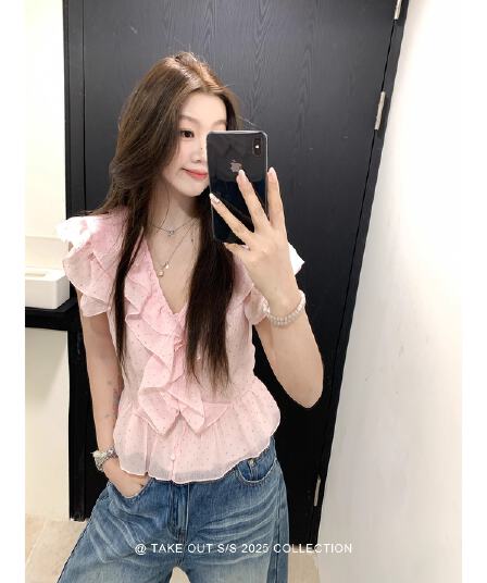 인터넷 그림 프랑스식 디자인 센스 쉬폰 짧은 맨위 주름 V넥 작은 셔츠 여름