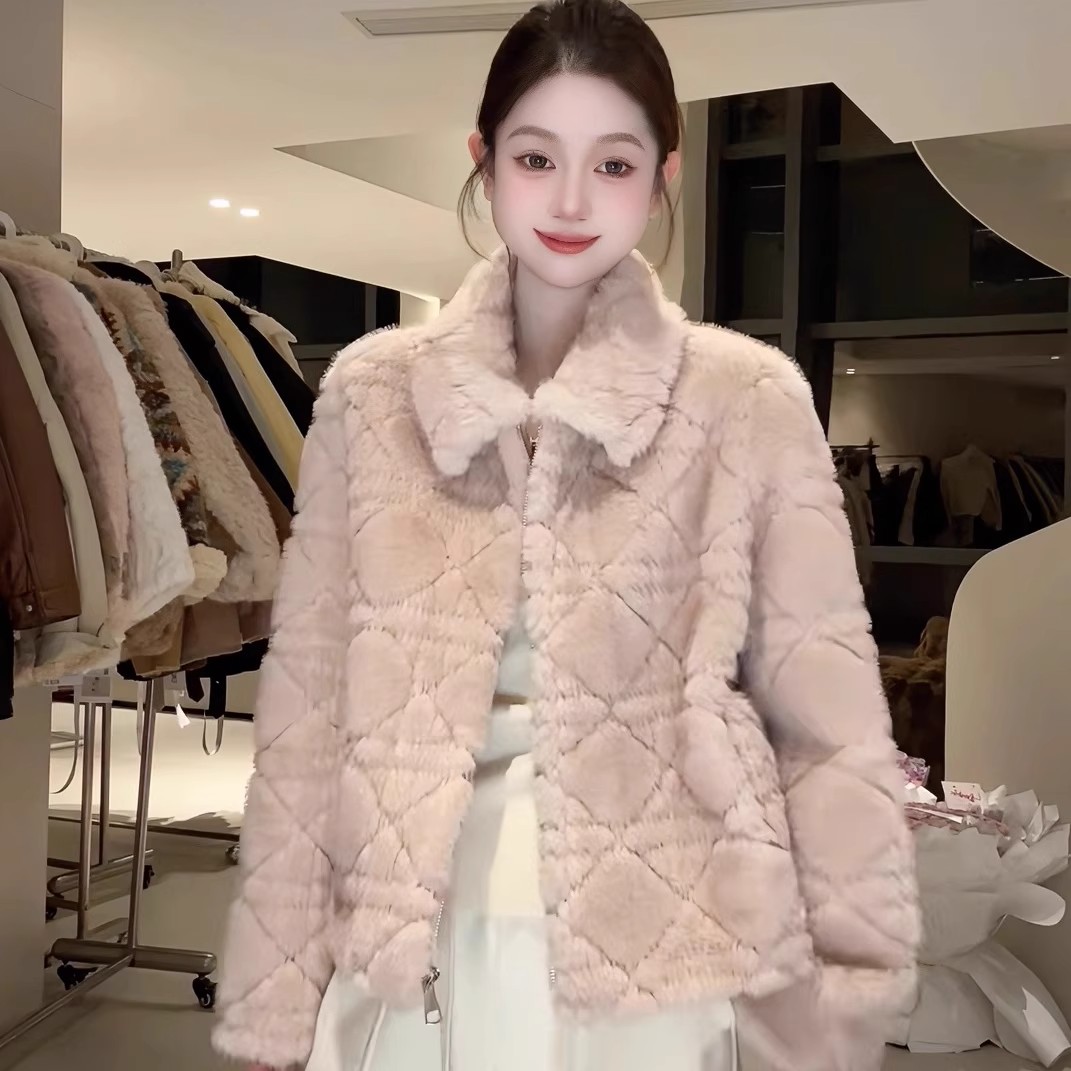 dy 전문가 모피 돈을 위해 가치 핑크색 폴로 칼라 여성 코트 겨울 새로운 피모 하나 링 그리드 루즈핏