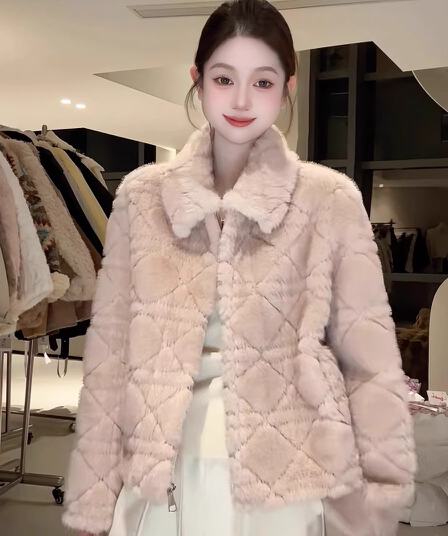 dy 전문가 모피 돈을 위해 가치 핑크색 폴로 칼라 여성 코트 겨울 새로운 피모 하나 링 그리드 루즈핏