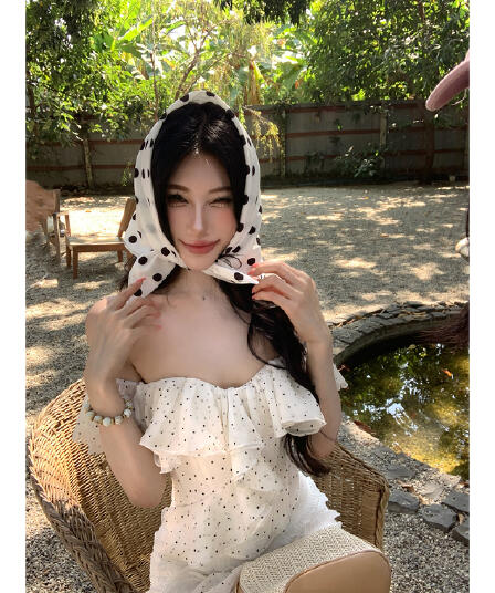 인터넷 그림 봄 여름 프랑스식 품격 레트로 도트 무늬 프릴 생선뼈 코르셋