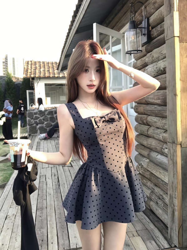 인터넷 그림 도트 무늬 나비 매듭 광장 칼라 조끼 여성 드레스 여름 새로운 허리 수축 슬림해 보이는 품격 공주 미니 스커트