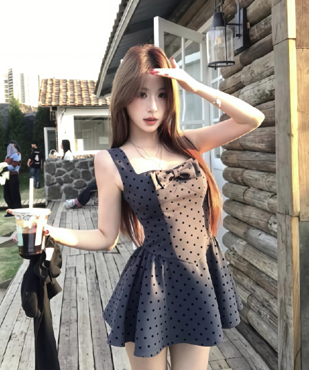 인터넷 그림 도트 무늬 나비 매듭 광장 칼라 조끼 여성 드레스 여름 새로운 허리 수축 슬림해 보이는 품격 공주 미니 스커트