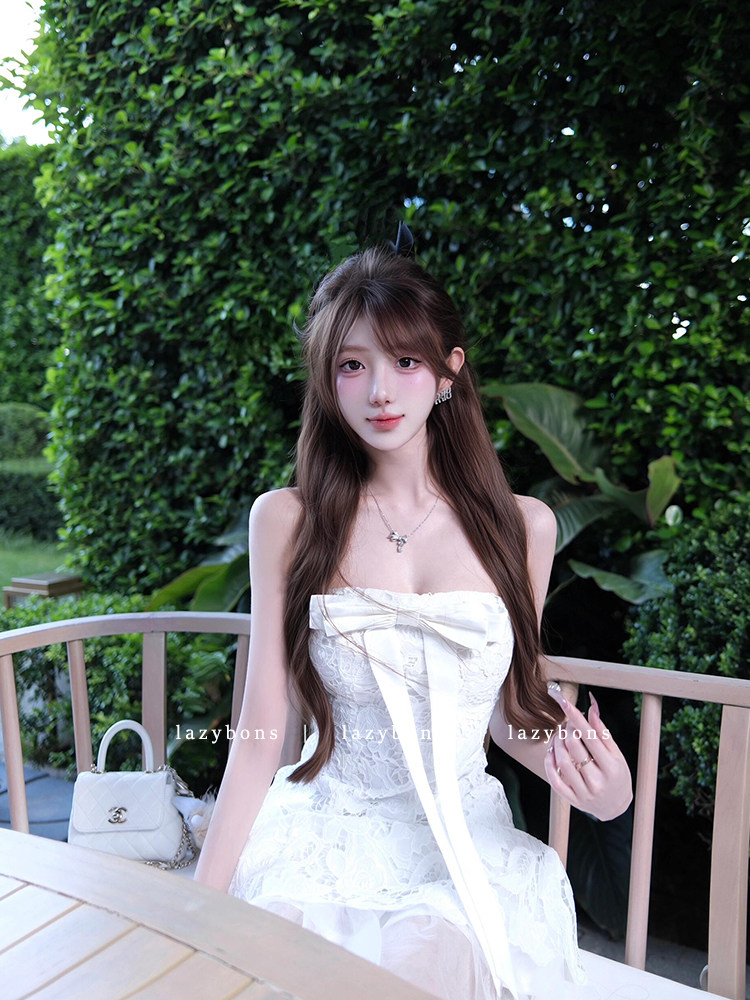 튜브탑 여성 드레스 천 골드 명문 여성 품격 생일 예복 무거운 작업 나비 매듭 순수한 욕망 섹시함 허리 수축 레이스 치마