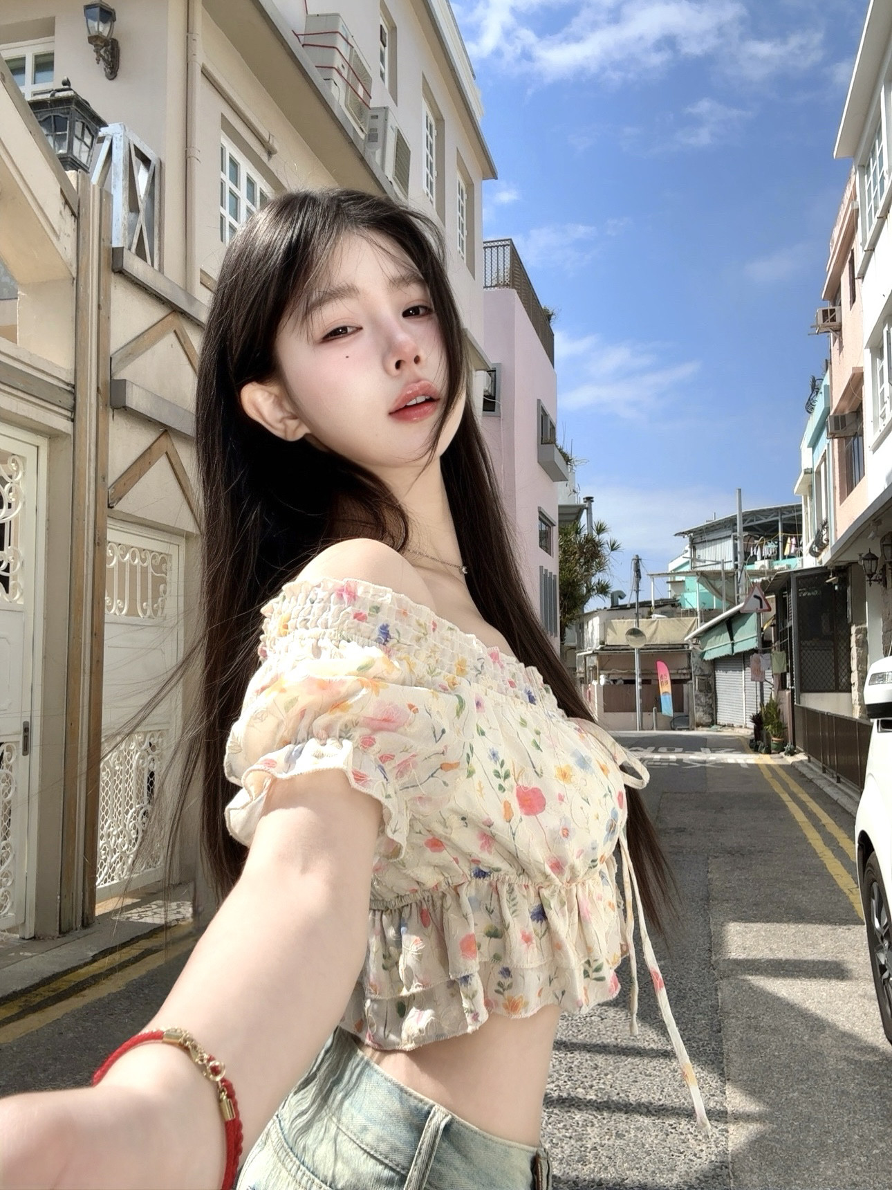 인터넷 그림 달콤한 산소 소녀 순수한 욕망 오프숄더 레이스 자수 꽃무늬 맨위 거품 소매 셔츠 여름