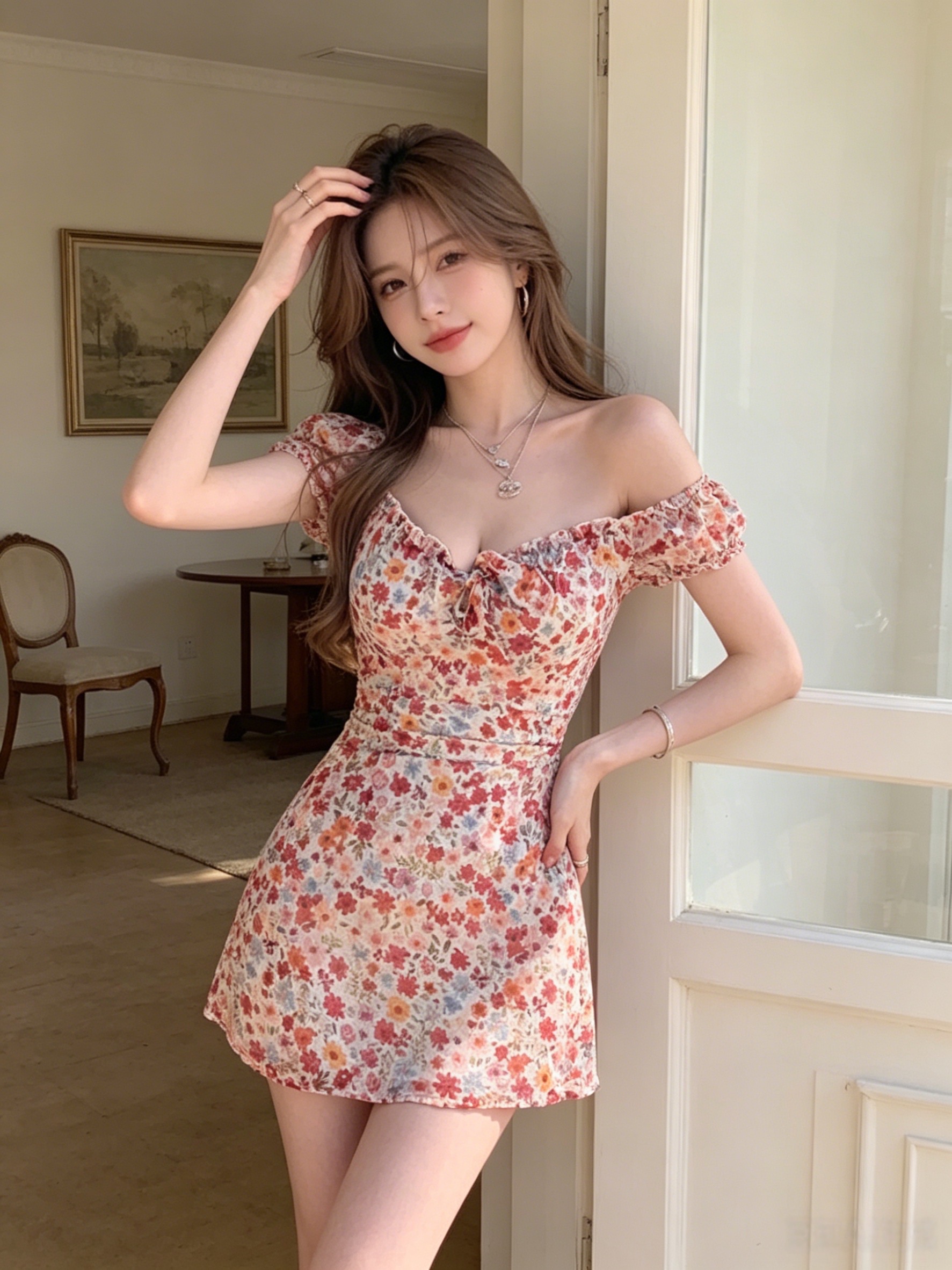 실사 정가 차 기장 꽃 오프숄더 매듭 꽃무늬 거품 소매 프릴 드레스