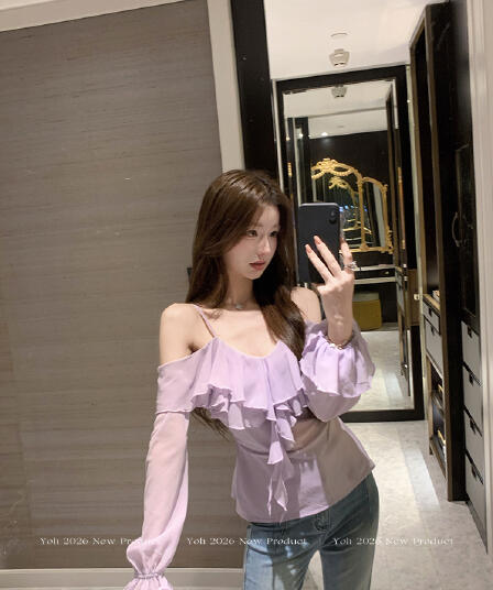 원본 원료 낭만주의 시적인 보라색 V넥 프릴 시폰 셔츠 여성 가을 미니멀리즘 품격 오프숄더 맨위