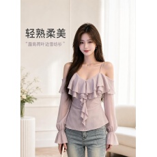 批发实拍实价香芋紫露肩荷叶边<b class='q'>吊带</b><b class='q'>雪纺</b>衫女收腰显瘦轻熟长袖上衣