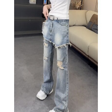 批发2026春夏季新款破洞微喇牛仔<b class='q'>裤</b>女<b class='q'>大码</b>假两件裙<b class='q'>裤</b>时尚显瘦喇叭<b class='q'>裤</b>子