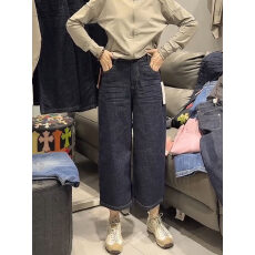 批发夏季新款时尚高腰八分阔腿<b class='q'>牛仔裤</b>女大码显瘦遮肉设计感百搭直筒裤