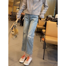 批发弹力开叉<b class='q'>牛仔裤</b>女2026夏季薄款显瘦破洞八分烟管裤大码遮肉直筒裤