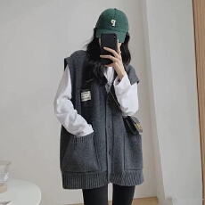 批发春秋针织外套女<b class='q'>大码</b>学院风宽松外搭叠穿口袋针织开衫马夹<b class='q'>背心</b>上衣