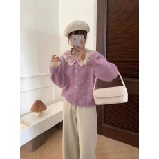 批发韩系圆领彩色蕾丝领<b class='q'>开衫</b>毛衣外套女秋冬新款小个子设计感针织衫