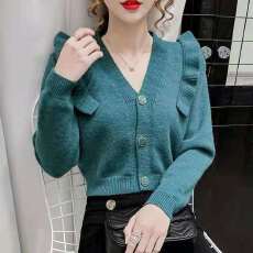 批发毛衣复古<b class='q'>日系</b>慵懒风短款V领针织开衫<b class='q'>外套</b>女秋季高腰修身减龄上衣