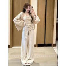 批发慵懒抹胸气质宽松<b class='q'>针织</b>开衫<b class='q'>背心</b>休闲阔腿裤毛衣休闲裤三件套套装