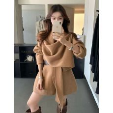 批发韩系气质松弛氛围感围巾领针织开衫外套设计感不规则外套配腰带