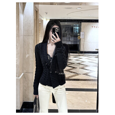 韩系慵懒风收腰绑带长袖针织开衫女气质高级感休闲百搭双排扣外套