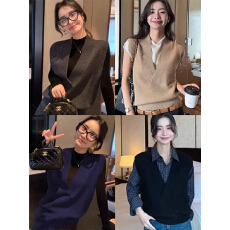 批发简约复古气质V领叠穿<b class='q'>马甲</b>背心女早秋氛围感穿搭短款设计通勤上衣