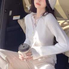 韩国chic法式蕾丝边V领毛衣针织开衫女秋款女装设计感小众上衣