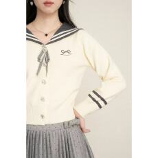 批发学院风海军领条纹减龄毛衣开衫女秋冬韩系穿搭撞色蝴蝶结针织外套