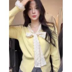 批发灰色甜美<b class='q'>蕾丝</b>花边蝴蝶结毛衣开衫女2025新款内搭春秋冬小个子外套