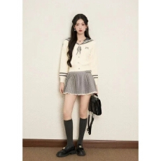 批发学院风海军领条纹减龄毛衣开衫女秋冬韩系穿搭撞色蝴蝶结针织外套