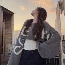 批发<b class='q'>韩国</b>东大门秋季蝙蝠袖宽松字母短款披肩针织衫上衣款