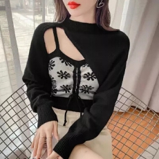 批发韩国东大门套装女2025秋季新款纯色长袖披肩花朵<b class='q'>吊带</b>小衫两件套