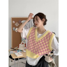 批发韩国简约宽松彩色可爱百搭撞色<b class='q'>棋盘</b><b class='q'>格</b>V领毛衣背心上衣