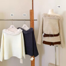 批发法式气质<b class='q'>狐狸毛</b>袖口毛衣斜领露肩设计感蝙蝠袖显瘦百搭针织衫上衣