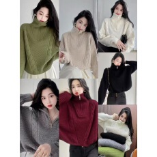 批发<b class='q'>韩版</b>高领毛衣女半拉链翻领秋冬装宽松外穿慵懒风麻花针织套头上衣