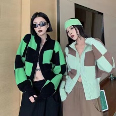 批发<b class='q'>韩版</b>格子针织衫女装修身拉链立领长袖小开衫<b class='q'>外套</b>秋冬新款毛衣上衣