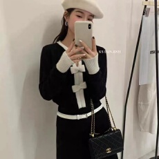 批发大码胖MM法式小香风圆领撞色套头长袖蝴蝶结上衣毛衣