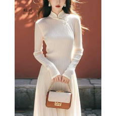 批发新中式国风白色旗袍连衣裙<b class='q'>气质</b>内搭针织打底裙女士开秋季2025新款