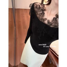 批发法式纯欲甜美风立体蕾丝拼接<b class='q'>一字肩</b>针织衫女秋冬修身毛衣打底衫