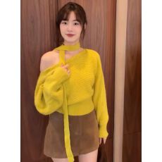 批发法式温柔风<b class='q'>一字领</b>斜肩飘带毛针织衫女秋冬慵懒宽松收腰保暖毛衣