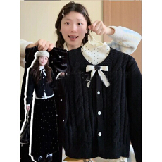 批发宋正恩黑色<b class='q'>圆领</b>麻花<b class='q'>针织</b><b class='q'>开衫</b>外套女冬季新款高级感宽松百搭上衣潮