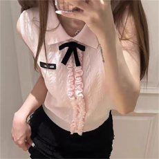 批发夏季新款法式学院风木耳边蝴蝶结针织背心女简约翻领背心上衣