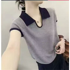 批发polo领撞色针织衫短袖上衣夏季<b class='q'>韩版</b>新时尚小众别致短款t恤