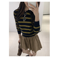 批发美式撞色条纹polo衫长袖针织衫女秋<b class='q'>冬</b>款韩系宽松复古通勤上衣