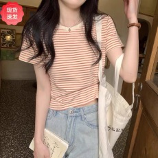 批发新款设计感小众圆领百搭撞色细<b class='q'>条纹</b>短袖上衣