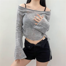 批发新款薄款一字肩<b class='q'>针织衫</b>辣妹宽松短款抽绳绑带喇叭<b class='q'>长袖</b>上衣防晒罩衫