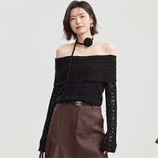 批发韩系一字肩低领镂空<b class='q'>长袖</b><b class='q'>针织衫</b>女春秋修身短款打底衫内搭上衣