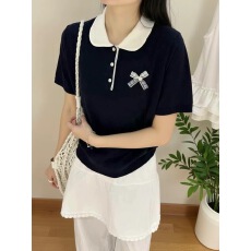 批发短袖翻领拼色<b class='q'>针织衫</b>2026夏季女装新品蕾丝蝴蝶结薄款<b class='q'>宽松</b>百搭上衣