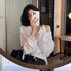 批发韩版镂空菱格V领长袖毛衣女<b class='q'>春</b>秋季新款设计感小心机宽松针织衫